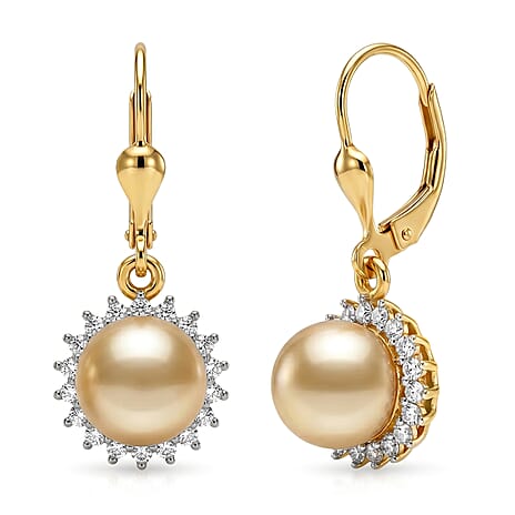 Luxuriant - Golden South Sea Pearl & Lab Grown Diamond (SI-G-H) Lever Back Earring in 18K Vermeil Yellow Gold Plated Sterling Silver 12.16 Ct.