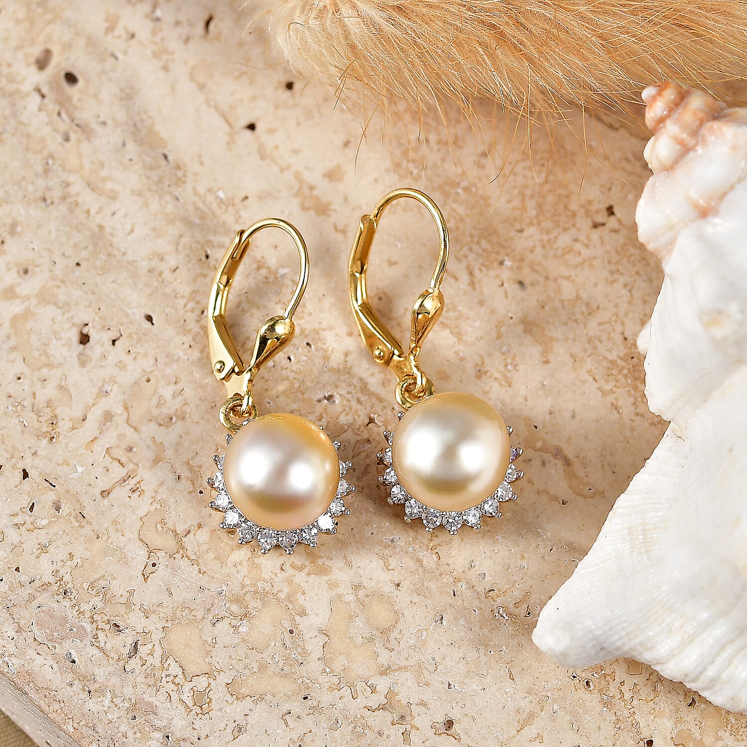 Luxuriant - Golden South Sea Pearl & Lab Grown Diamond (SI-G-H) Lever Back Earring in 18K Vermeil Yellow Gold Plated Sterling Silver 12.16 Ct.