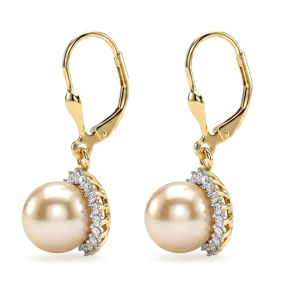 Luxuriant - Golden South Sea Pearl & Lab Grown Diamond (SI-G-H) Lever Back Earring in 18K Vermeil Yellow Gold Plated Sterling Silver 12.16 Ct.