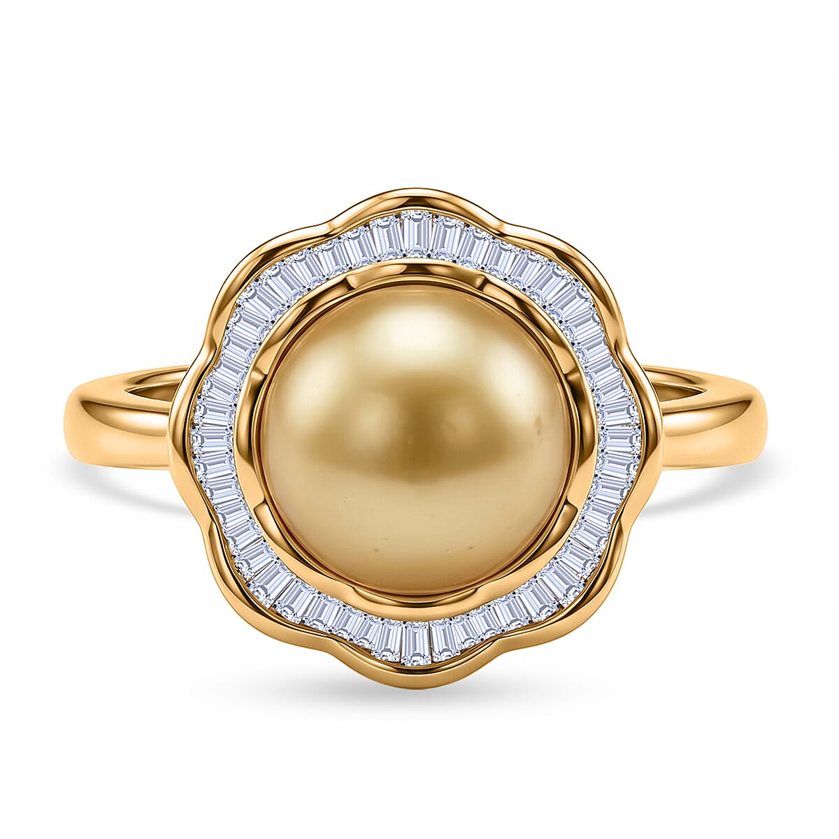 Royal Bali Collection - AAA Golden South Sea Pearl (10-11mm)& Natural White Diamond Halo Ring in 18K Vermeil Yellow Gold Plated Sterling Silver