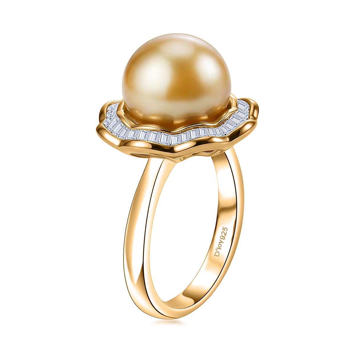 Royal Bali Collection - AAA Golden South Sea Pearl (10-11mm)& Natural White Diamond Halo Ring in 18K Vermeil Yellow Gold Plated Sterling Silver