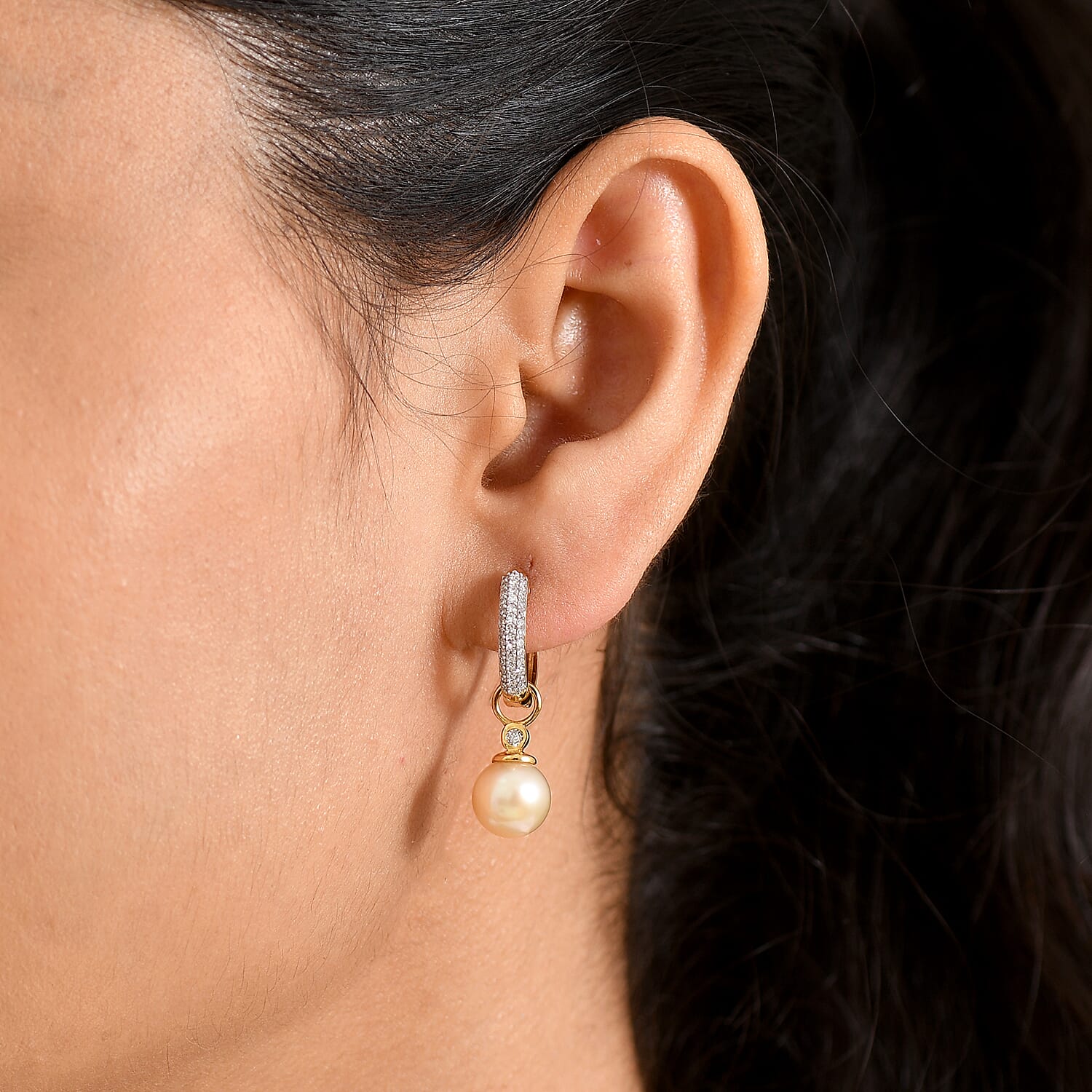 Luxuriant - Golden South Sea Pearl & Lab Grown Diamond (SI-G-H) Hoop Earring in 18K Vermeil Yellow Gold Plated Sterling Silver 11.12 Ct.