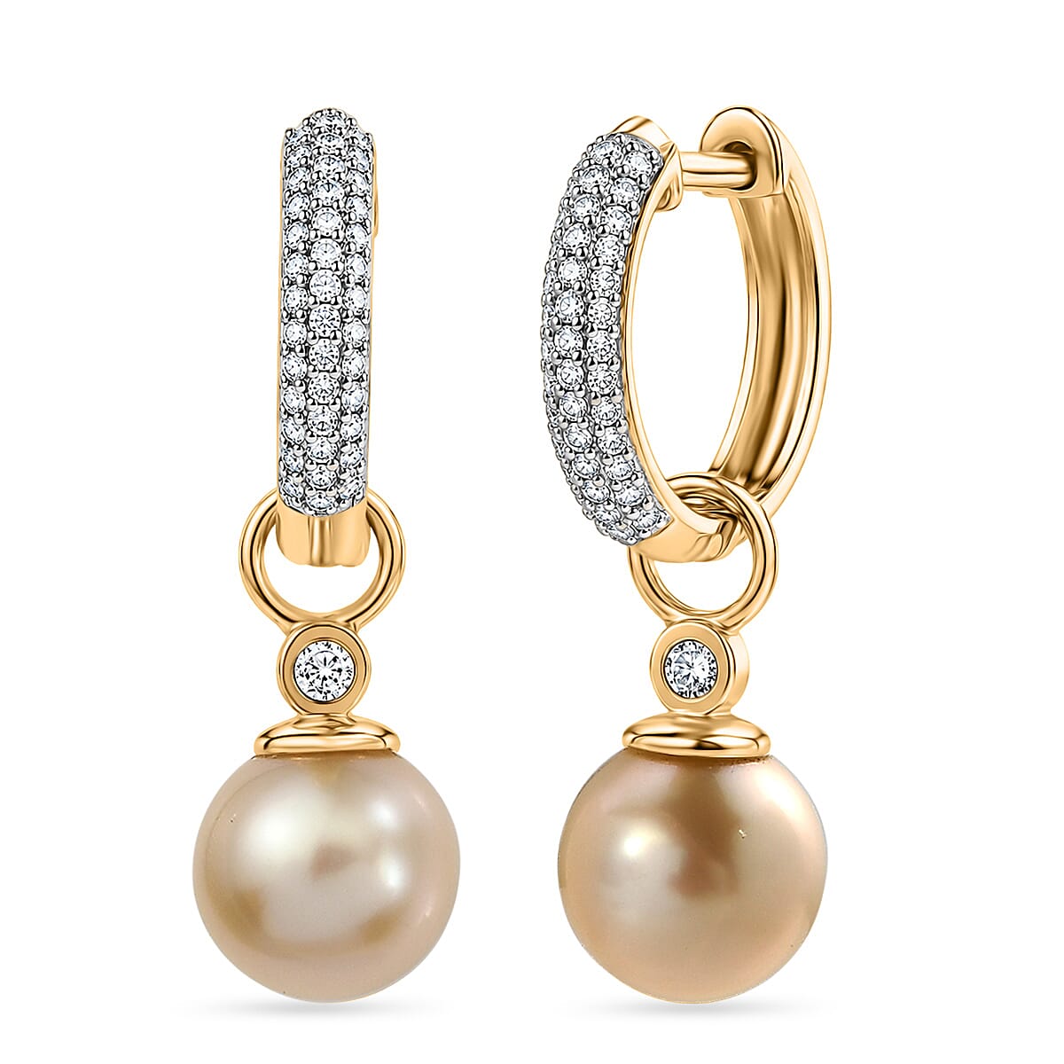 Luxuriant - Golden South Sea Pearl & Lab Grown Diamond (SI-G-H) Drop Earring with Hoop in 18K Vermeil Yellow Gold Plated Sterling Silver 11.12 Ct.