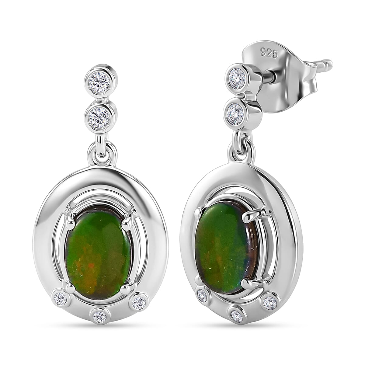 D'Joy - Ammolite & Moissanite Dangling Earring with Push Post in Rhodium Overlay Sterling Silver 1.80 Ct.