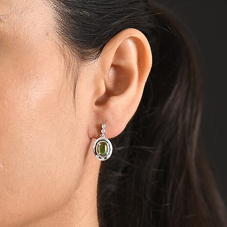 D'Joy - Ammolite & Moissanite Dangling Earring with Push Post in Rhodium Overlay Sterling Silver 1.80 Ct.
