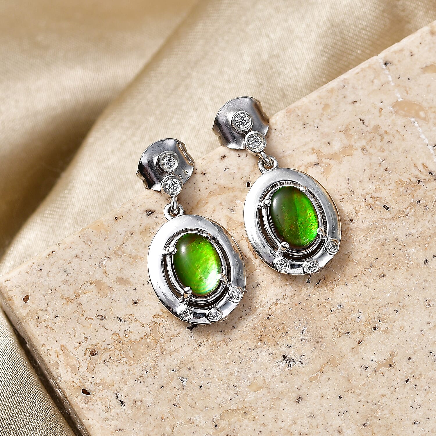D'Joy - Ammolite & Moissanite Dangling Earring with Push Post in Rhodium Overlay Sterling Silver 1.80 Ct.