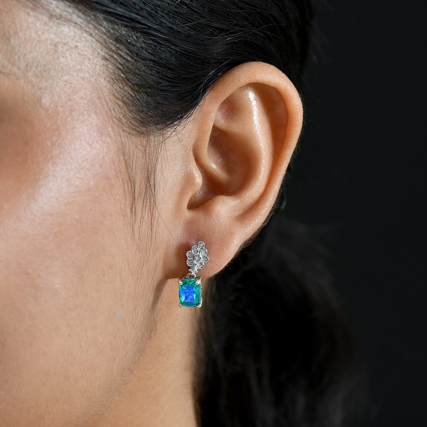 D'Joy - Peacock Triplet Quartz & White Zircon Dangling Earring with Push Post in Platinum Overlay Sterling Silver 3.16 Ct.