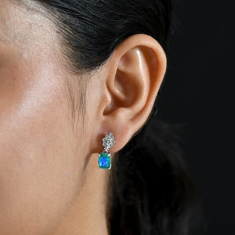D'Joy - Peacock Triplet Quartz & White Zircon Dangling Earring with Push Post in Platinum Overlay Sterling Silver 3.16 Ct.