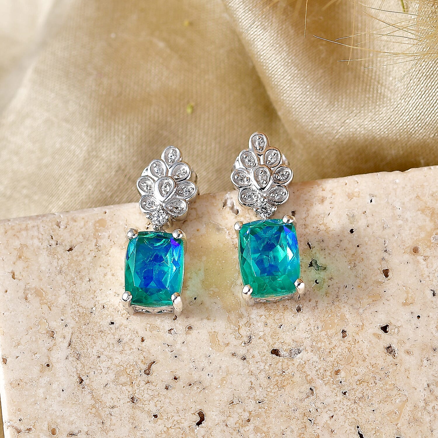 D'Joy - Peacock Triplet Quartz & White Zircon Dangling Earring with Push Post in Platinum Overlay Sterling Silver 3.16 Ct.