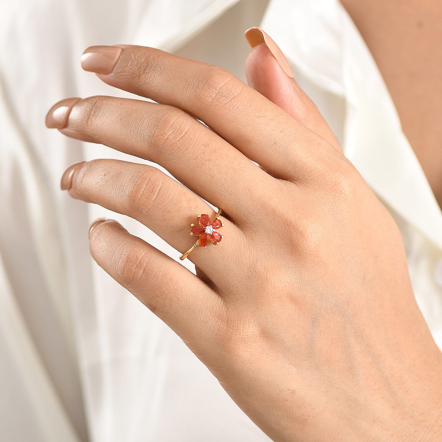 Luxuriant - Fire Opal & Lab Grown Diamond (SI-G-H) Floral Ring in Yellow Gold Plated Sterling Silver 0.72 Ct.