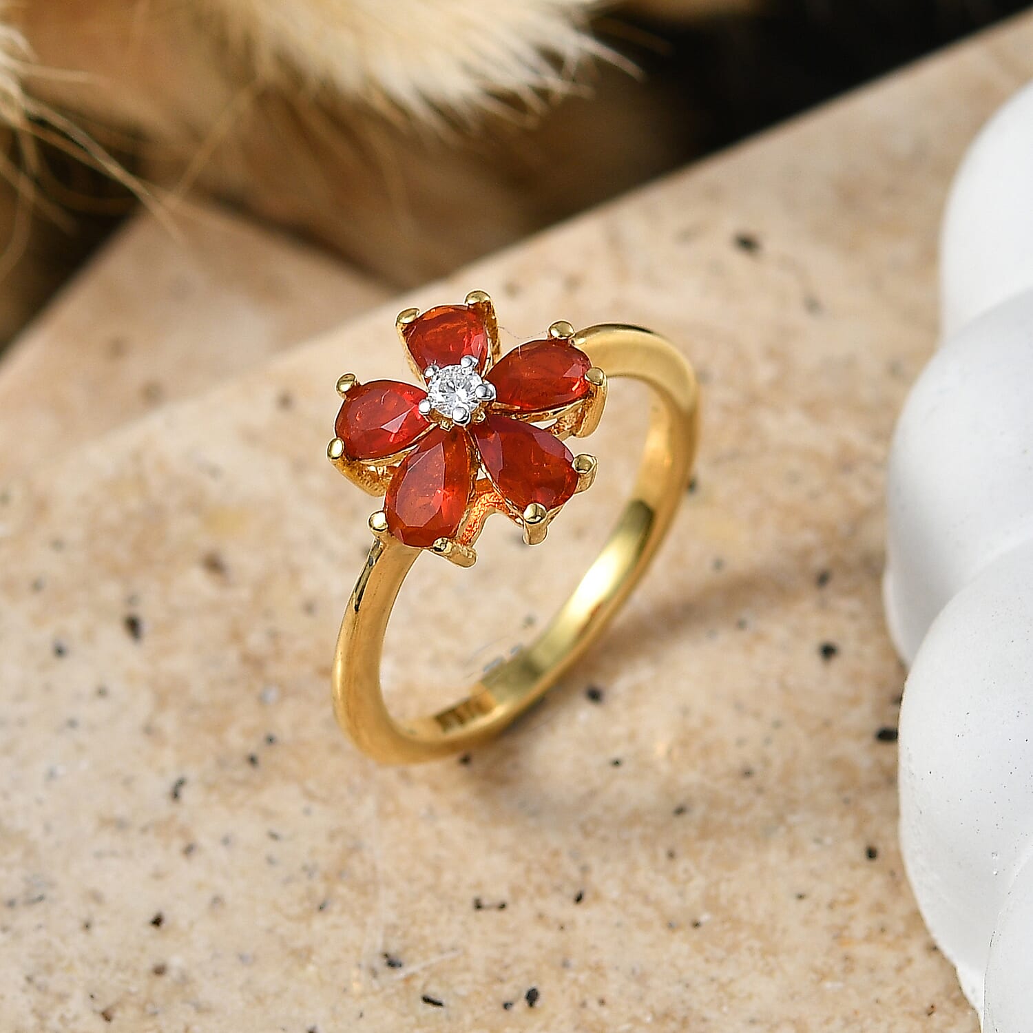 Luxuriant - Fire Opal & Lab Grown Diamond (SI-G-H) Floral Ring in Yellow Gold Plated Sterling Silver 0.72 Ct.
