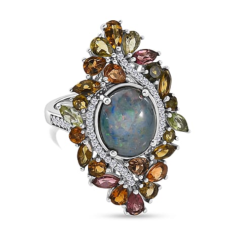 D'Joy - Boulder Opal Triplet, White Zircon & Multi-Tourmaline Cluster Ring in Rhodium Overlay Sterling Silver 6.70 Ct.