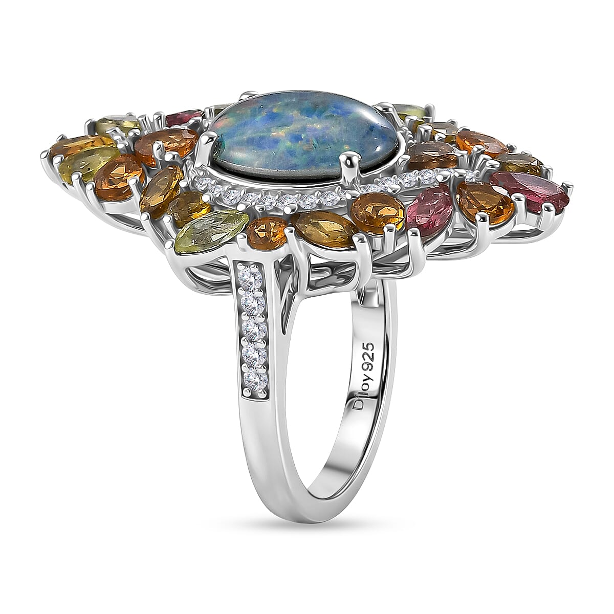 D'Joy - Boulder Opal Triplet, White Zircon & Multi-Tourmaline Cluster Ring in Rhodium Overlay Sterling Silver 6.70 Ct.