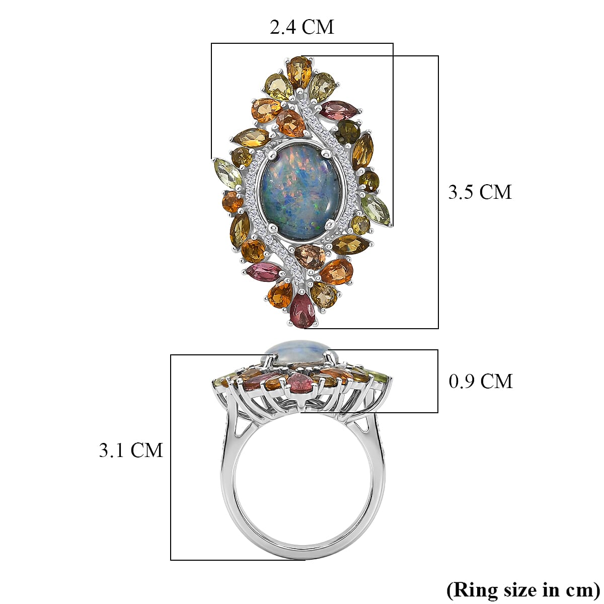 D'Joy - Boulder Opal Triplet, White Zircon & Multi-Tourmaline Cluster Ring in Rhodium Overlay Sterling Silver 6.70 Ct.