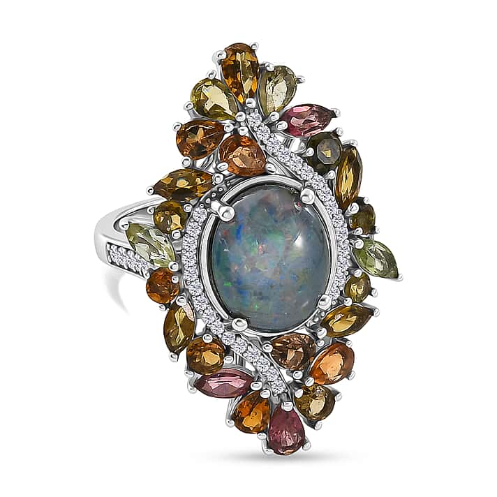 D'Joy - Boulder Opal White Zircon & Multi-Tourmaline Cluster Ring in Rhodium Overlay Sterling Silver 6.70 Ct.