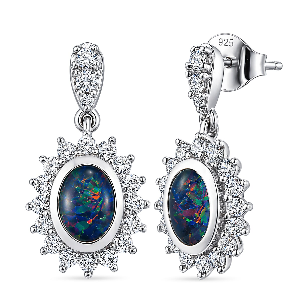 D'Joy - Boulder Opal Triplet & White Zircon Dangling Earring with Push Back in Rhodium Overlay Sterling Silver 2.50 Ct.