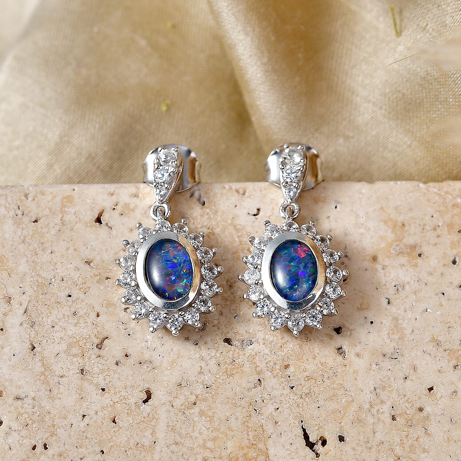 D'Joy - Boulder Opal Triplet & White Zircon Dangling Earring with Push Back in Rhodium Overlay Sterling Silver 2.50 Ct.