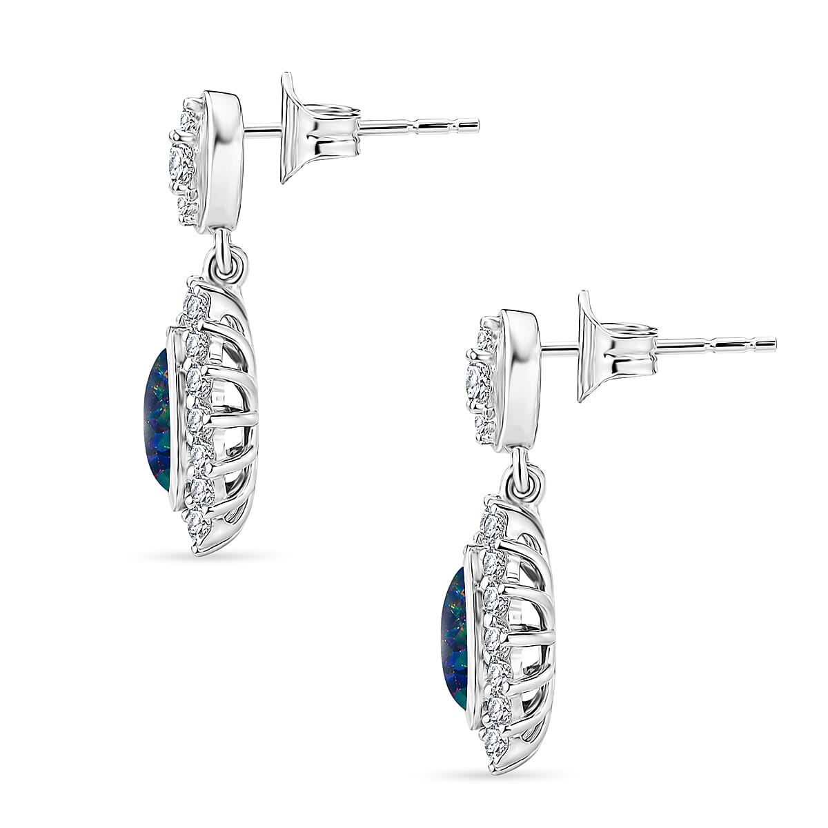D'Joy - Boulder Opal Triplet & White Zircon Dangling Earring with Push Back in Rhodium Overlay Sterling Silver 2.50 Ct.
