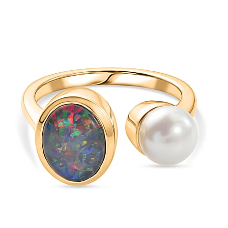 D'Joy - Boulder Opal Triplet & Fresh Water Pearl Ring in Yellow Gold Plated Sterling Silver 2.87 Ct.
