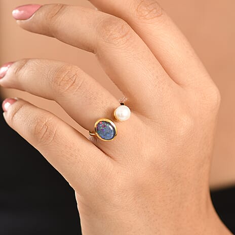 D'Joy - Boulder Opal Triplet & Fresh Water Pearl Ring in Yellow Gold Plated Sterling Silver 2.87 Ct.