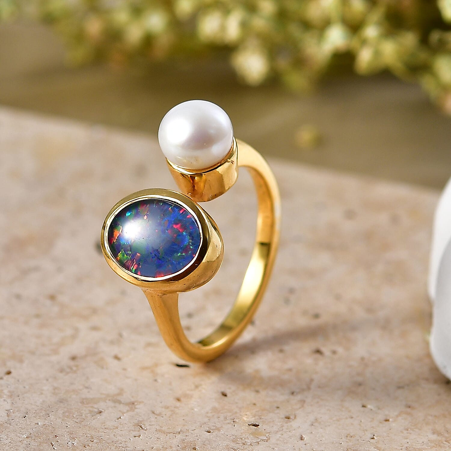 D'Joy - Boulder Opal Triplet & Fresh Water Pearl Ring in Yellow Gold Plated Sterling Silver 2.87 Ct.