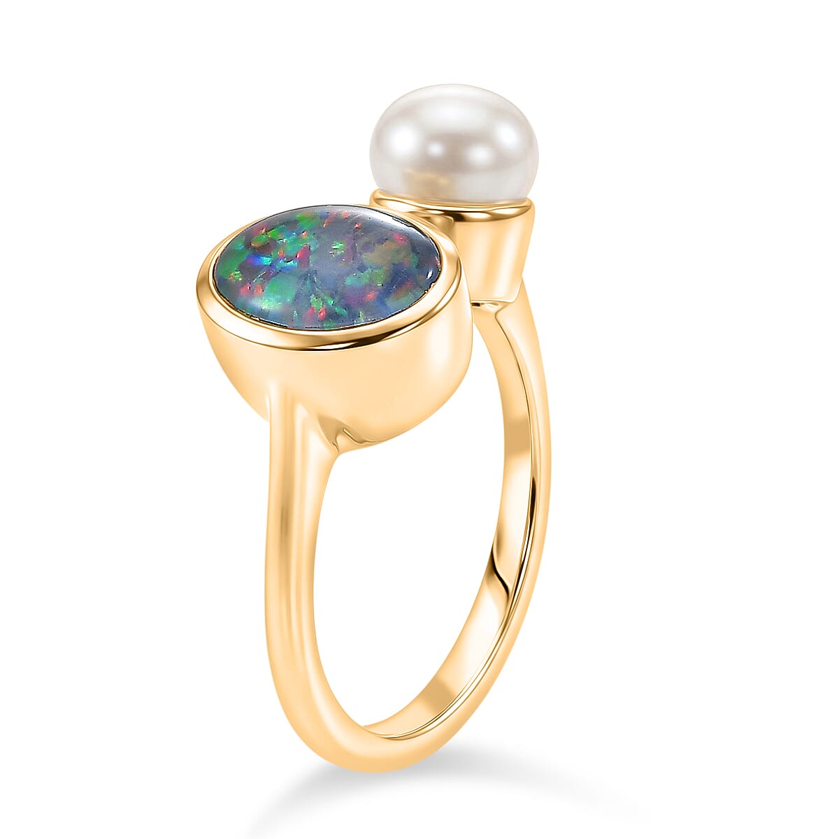 D'Joy - Boulder Opal Triplet & Fresh Water Pearl Ring in Yellow Gold Plated Sterling Silver 2.87 Ct.