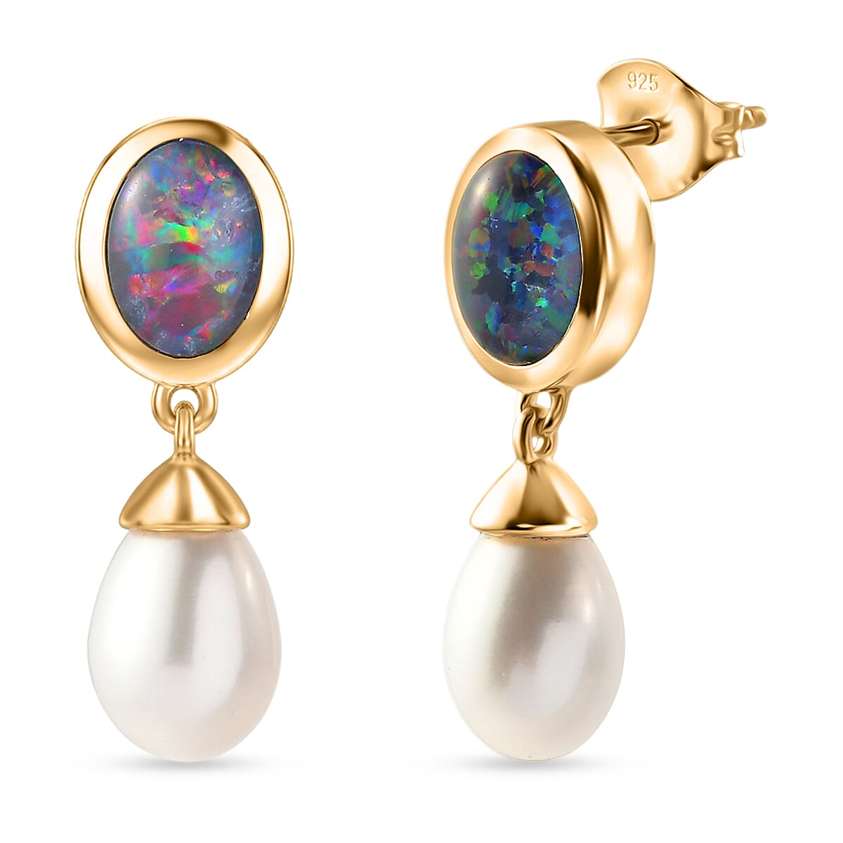 D'Joy - Boulder Opal Triplet & Fresh Water Pearl Dangling Earring with Push Post in Yellow Gold Plated Sterling Silver 7.65 Ct.
