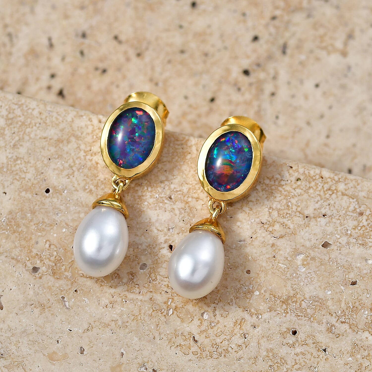 D'Joy - Boulder Opal Triplet & Fresh Water Pearl Dangling Earring with Push Post in Yellow Gold Plated Sterling Silver 7.65 Ct.
