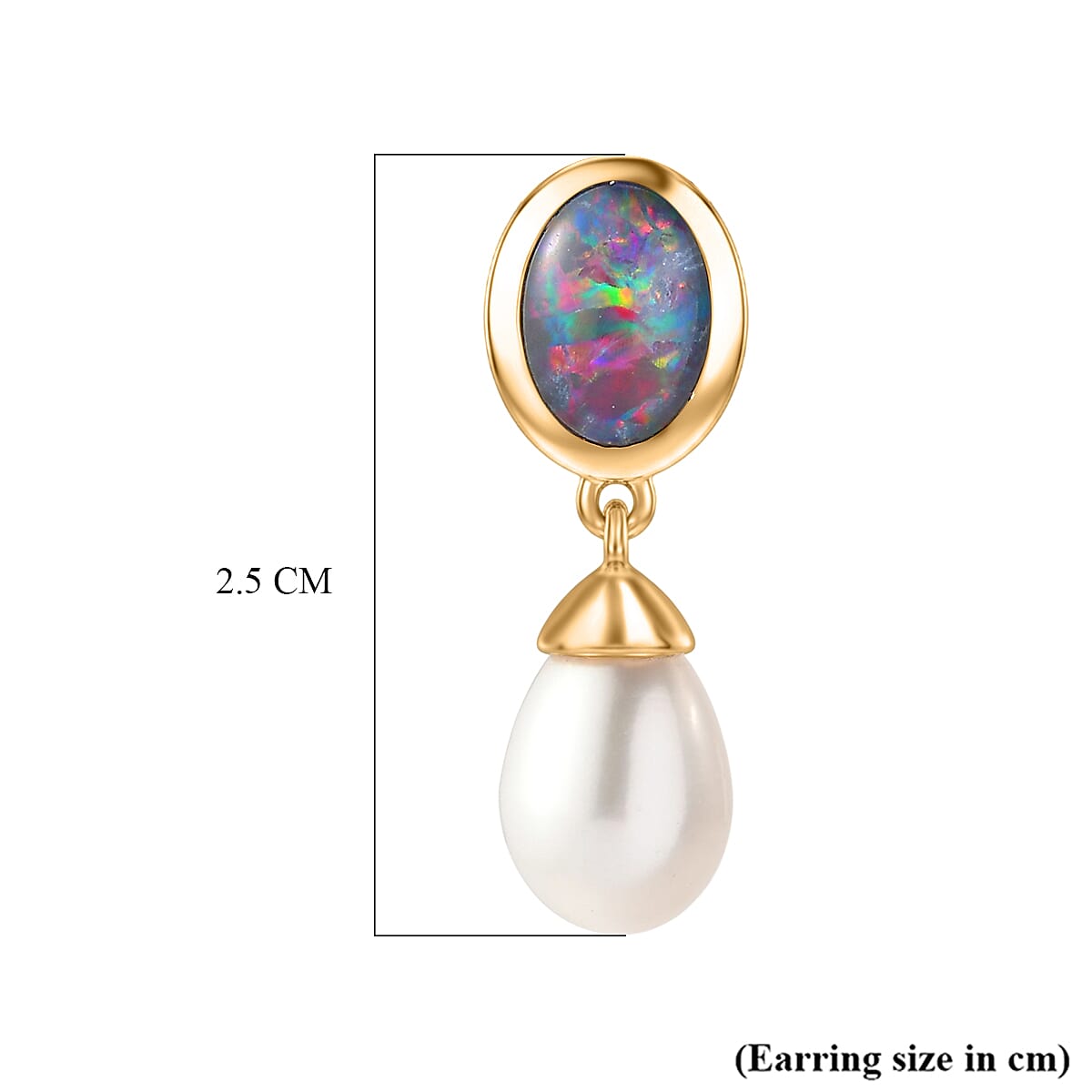 D'Joy - Boulder Opal Triplet & Fresh Water Pearl Dangling Earring with Push Post in Yellow Gold Plated Sterling Silver 7.65 Ct.