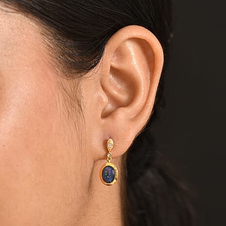 D'Joy - Boulder Opal Triplet & White Zircon Dangling Earring with Push Post in Yellow Gold Plated Sterling Silver 1.75 Ct.