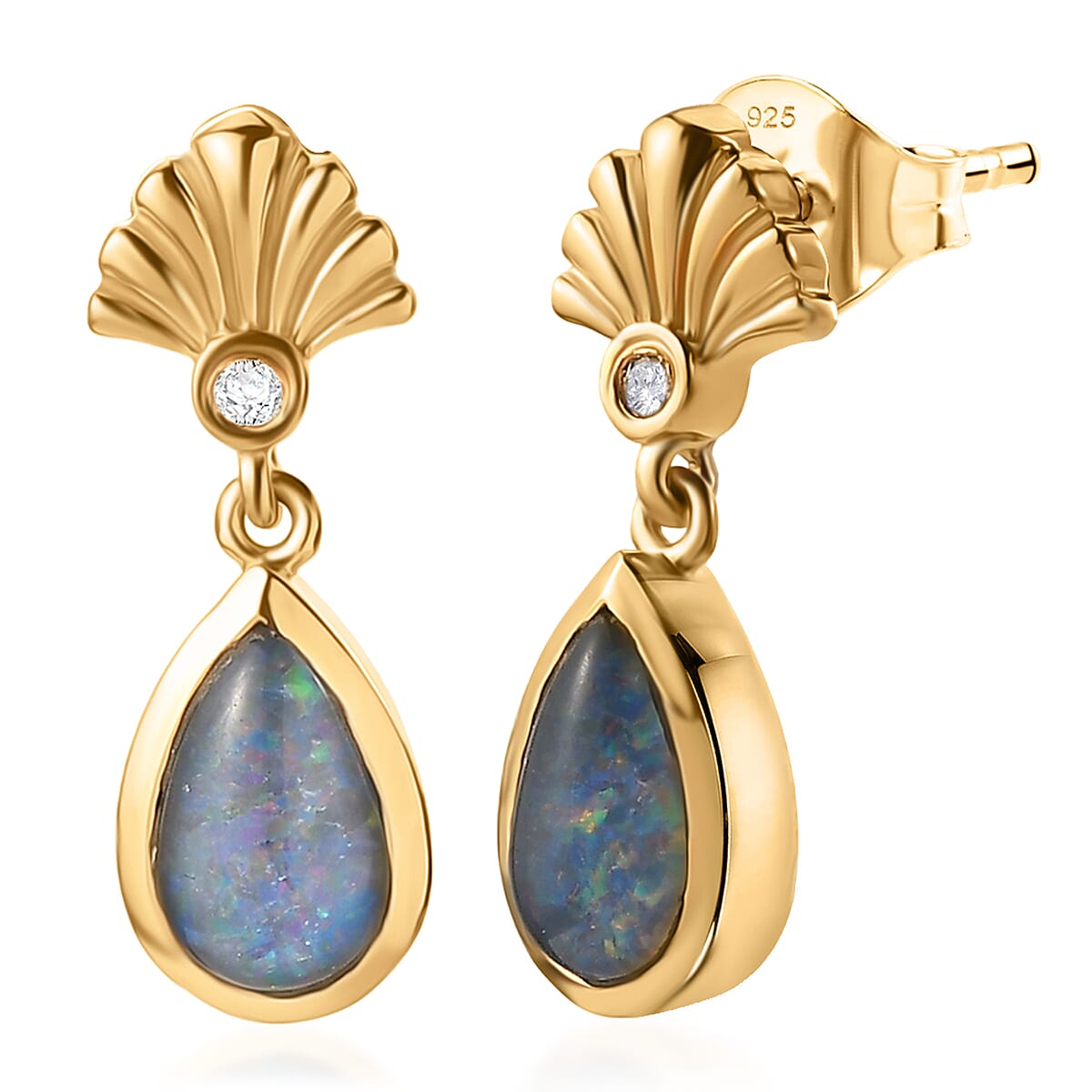 D'Joy - Boulder Opal Triplet & White Zircon Dangling Earring with Push Post in Yellow Gold Plated Sterling Silver 1.36 Ct.