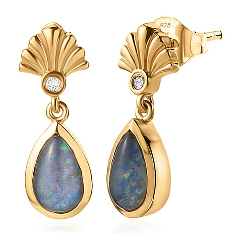 D'Joy - Boulder Opal Triplet & White Zircon Dangling Earring with Push Post in Yellow Gold Plated Sterling Silver 1.36 Ct.
