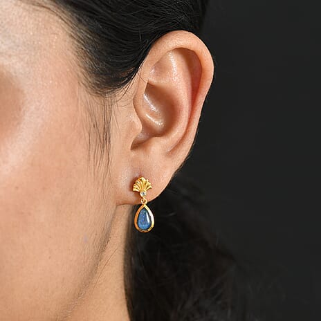 D'Joy - Boulder Opal Triplet & White Zircon Dangling Earring with Push Post in Yellow Gold Plated Sterling Silver 1.36 Ct.