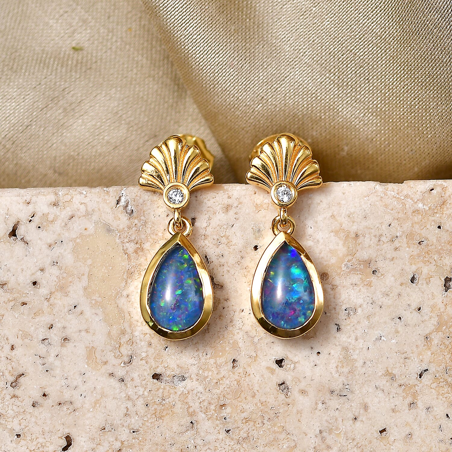 D'Joy - Boulder Opal Triplet & White Zircon Dangling Earring with Push Post in Yellow Gold Plated Sterling Silver 1.36 Ct.