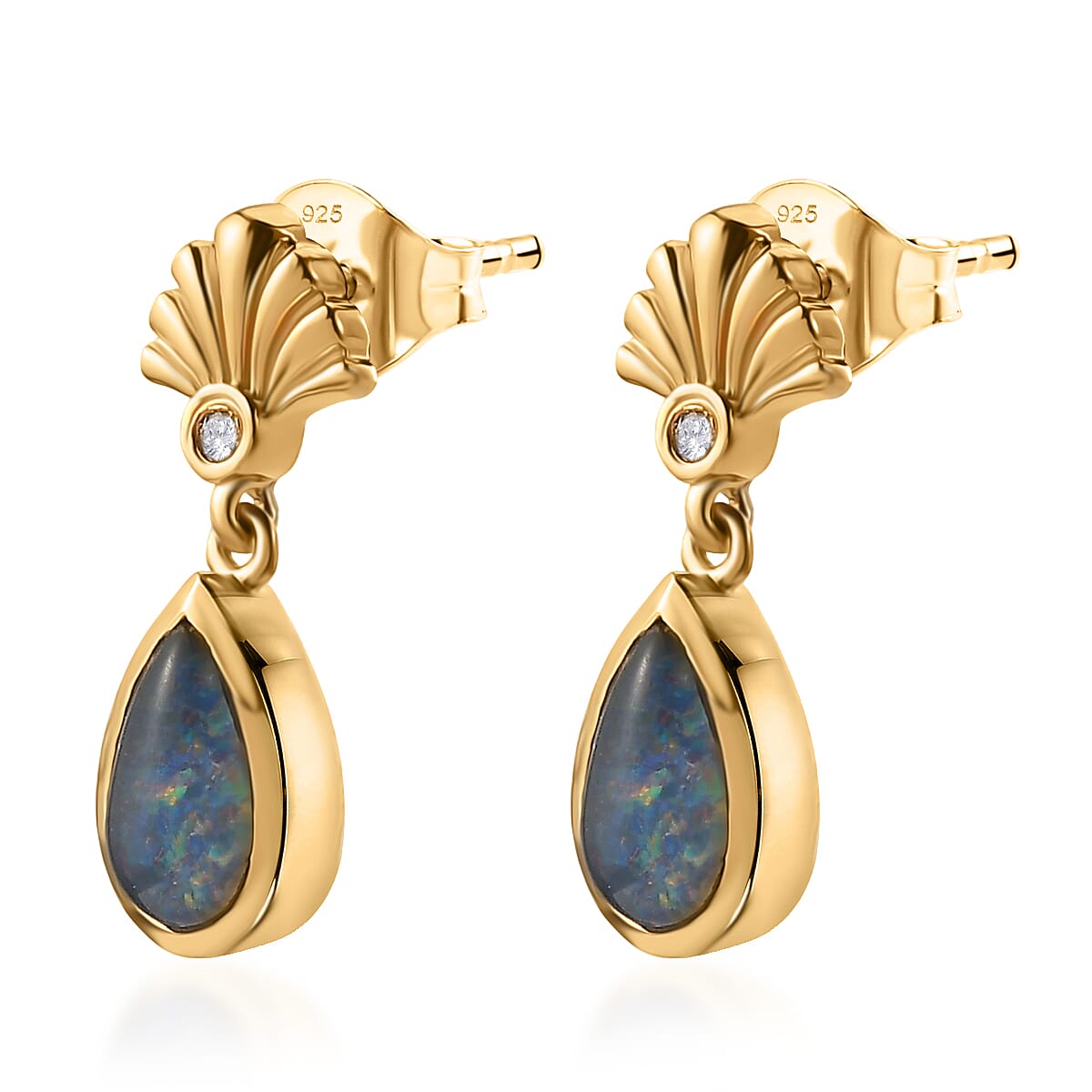 D'Joy - Boulder Opal Triplet & White Zircon Dangling Earring with Push Post in Yellow Gold Plated Sterling Silver 1.36 Ct.