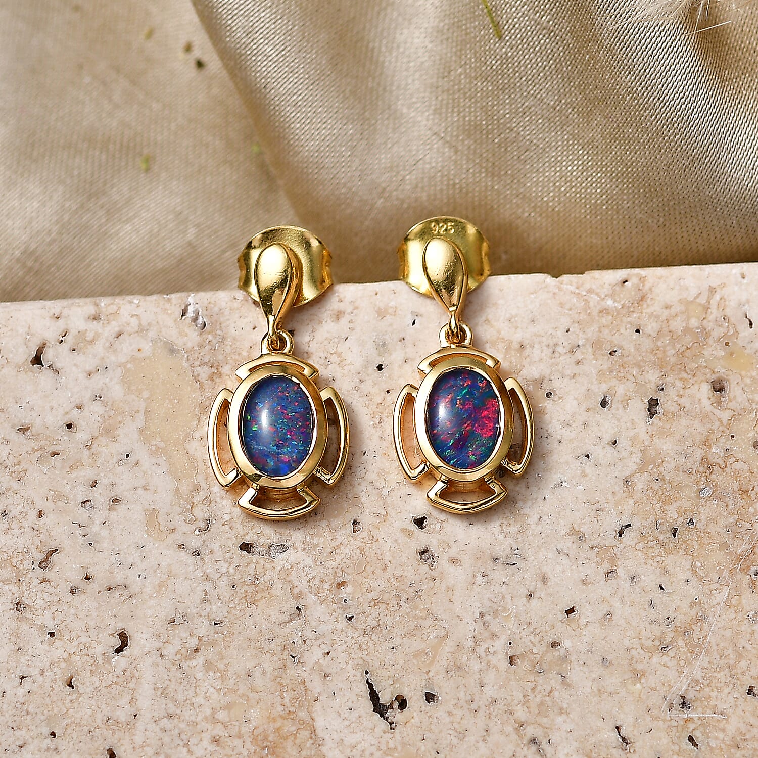 D'Joy - Boulder Opal Triplet Dangling Earring with Post in Yellow Gold Plated Sterling Silver 1.15 Ct.