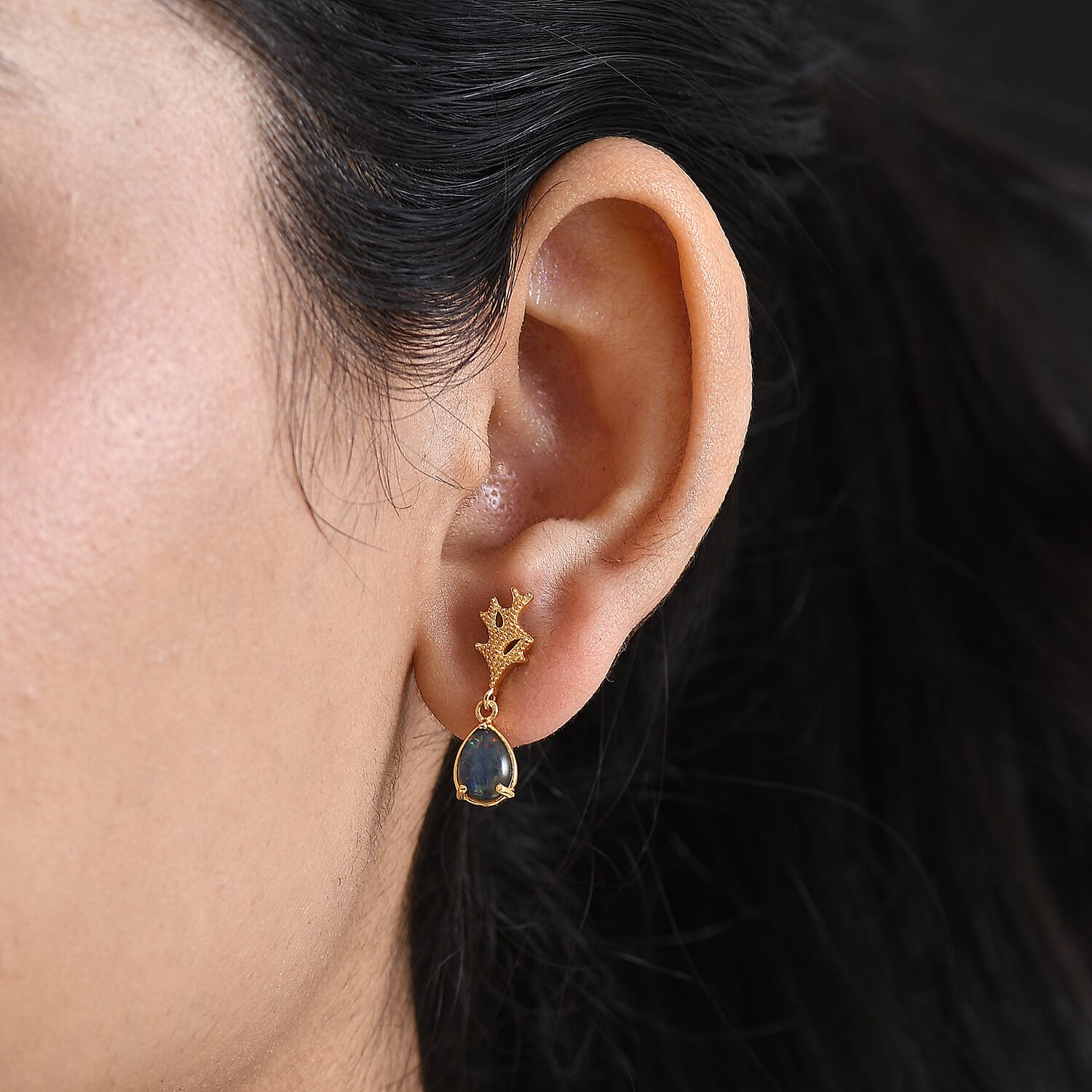 D'Joy - Boulder Opal Triplet Solitaire Stud Push Post Earring in Yellow Gold Plated Sterling Silver 1.80 Ct.