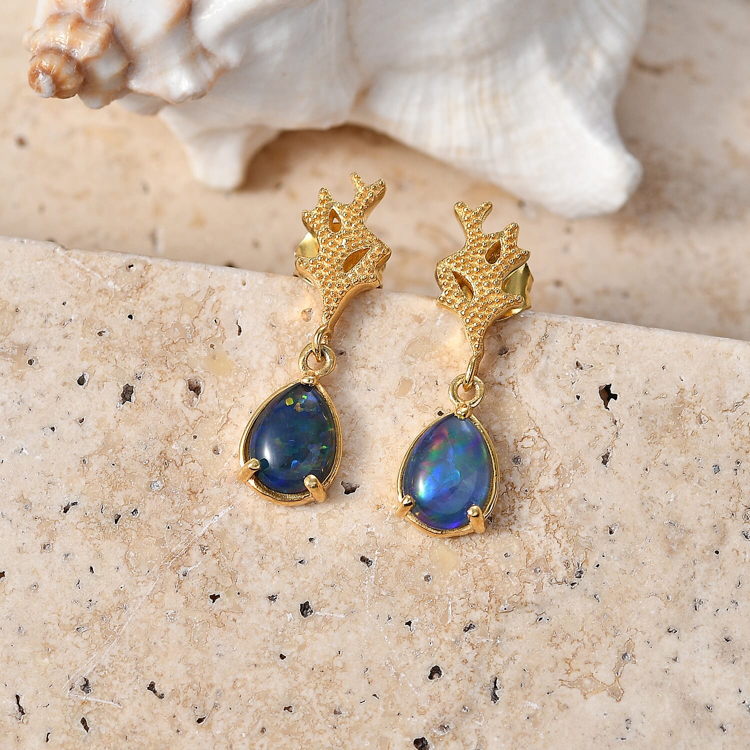 D'Joy - Boulder Opal Triplet Solitaire Stud Push Post Earring in Yellow Gold Plated Sterling Silver 1.80 Ct.