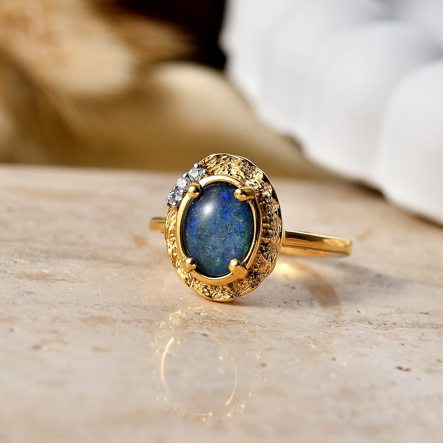 D'Joy - Boulder Opal Triplet & White Zircon Solitaire Ring in Yellow Gold Plated Sterling Silver 1.32 Ct.