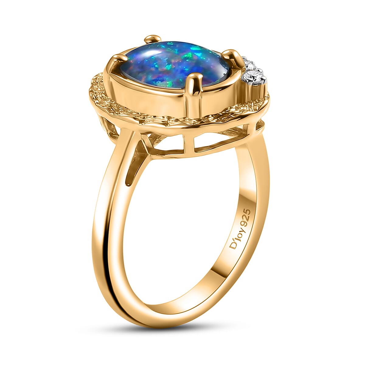 D'Joy - Boulder Opal Triplet & White Zircon Solitaire Ring in Yellow Gold Plated Sterling Silver 1.32 Ct.