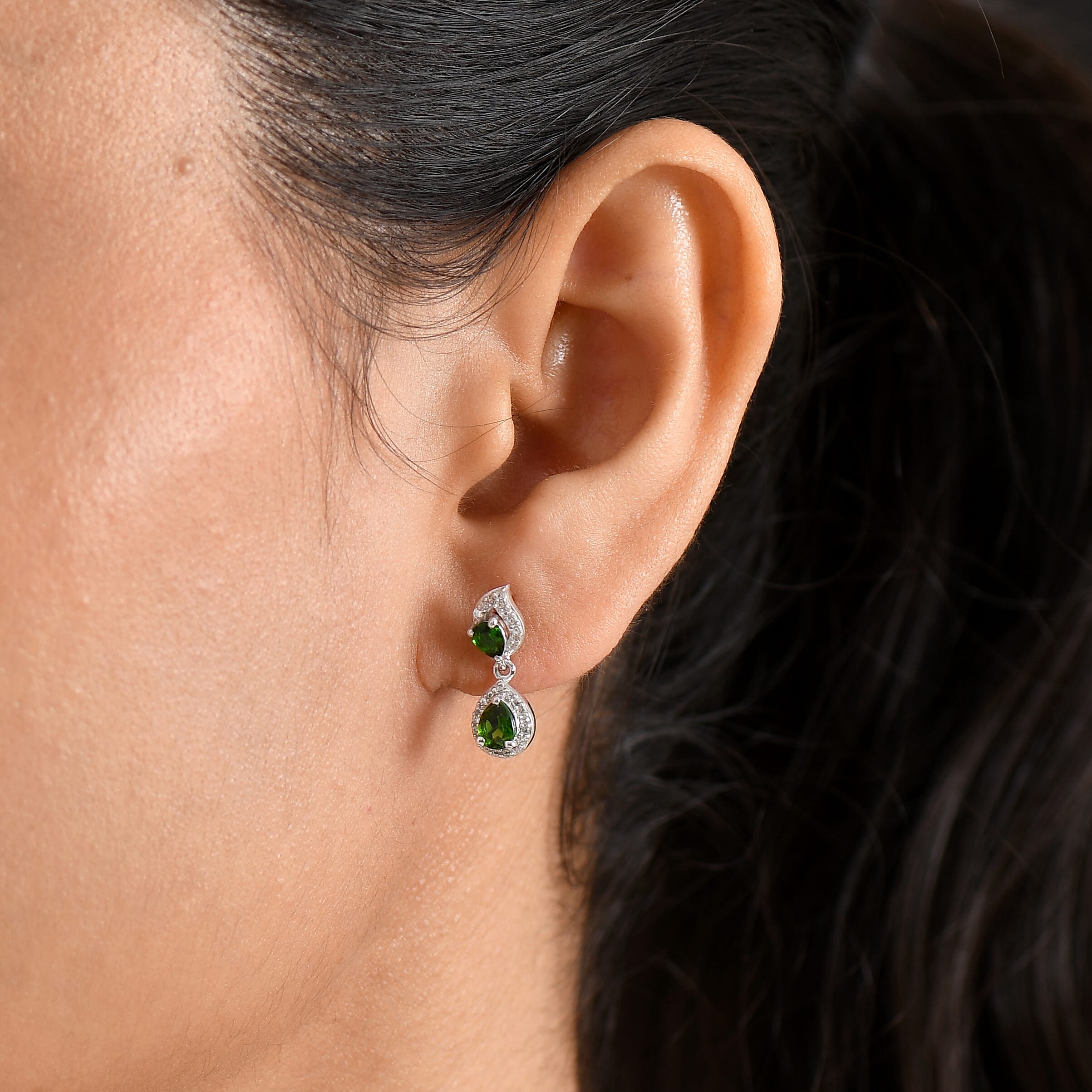 D'Joy - Natural Chrome Diopside & White Zircon Dangling Earring with Push Post in Platinum Overlay Sterling Silver 1.33 Ct.