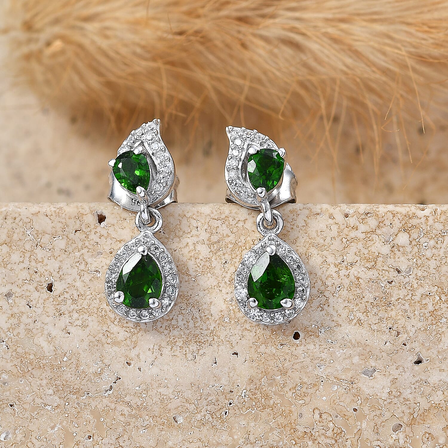 D'Joy - Natural Chrome Diopside & White Zircon Dangling Earring with Push Post in Platinum Overlay Sterling Silver 1.33 Ct.