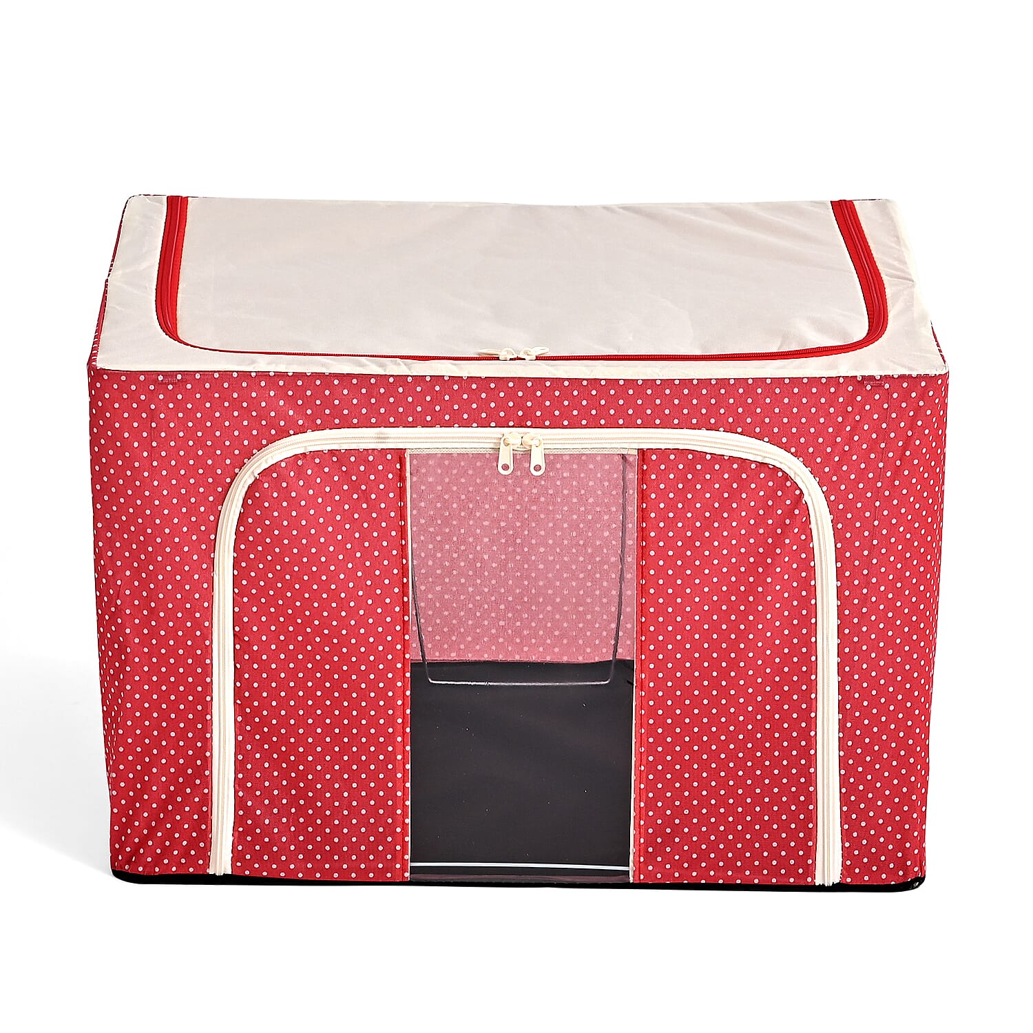 Polka Dot Foldable Steel Frame Clothes Organizer with Clear Window & Dual Zippers (60x42x39cm) - Red