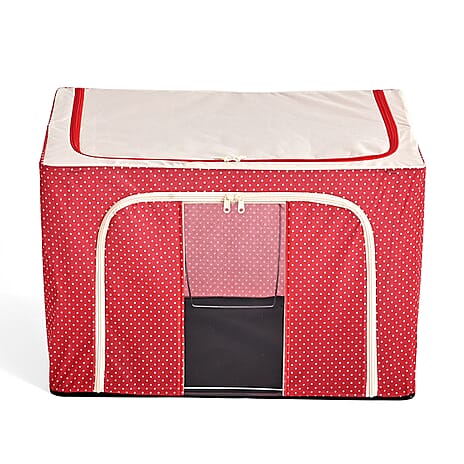 Polka Dot Foldable Steel Frame Clothes Organizer with Clear Window & Dual Zippers (60x42x39cm) - Red