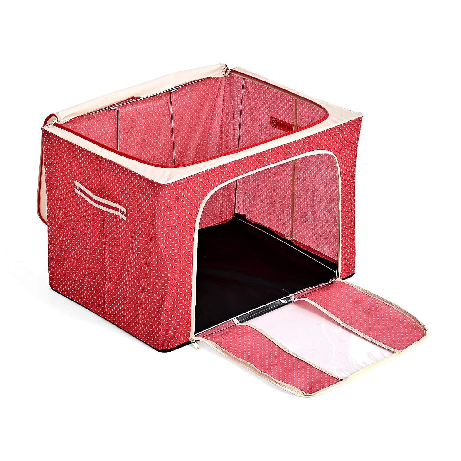 Polka Dot Foldable Steel Frame Clothes Organizer with Clear Window & Dual Zippers (60x42x39cm) - Red