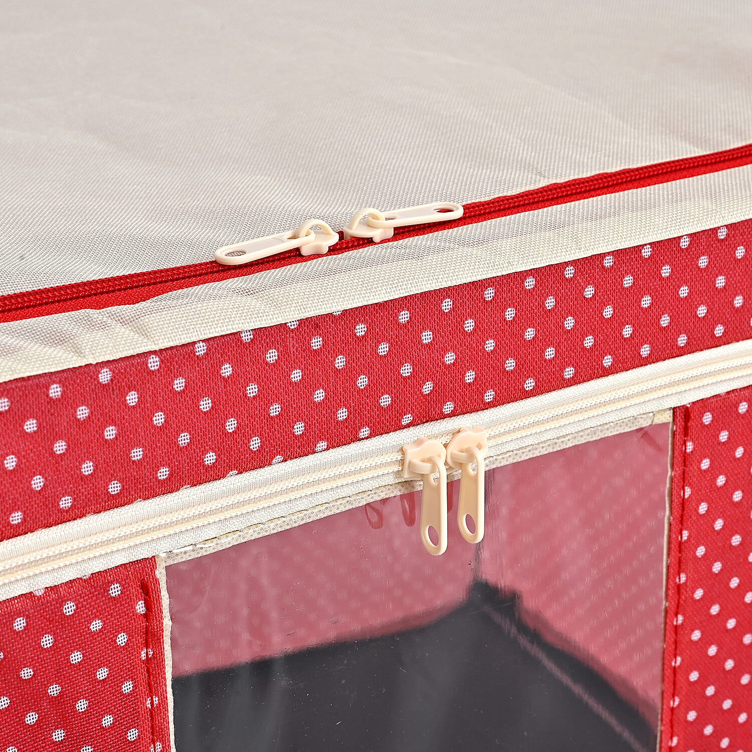Polka Dot Foldable Steel Frame Clothes Organizer with Clear Window & Dual Zippers (60x42x39cm) - Red
