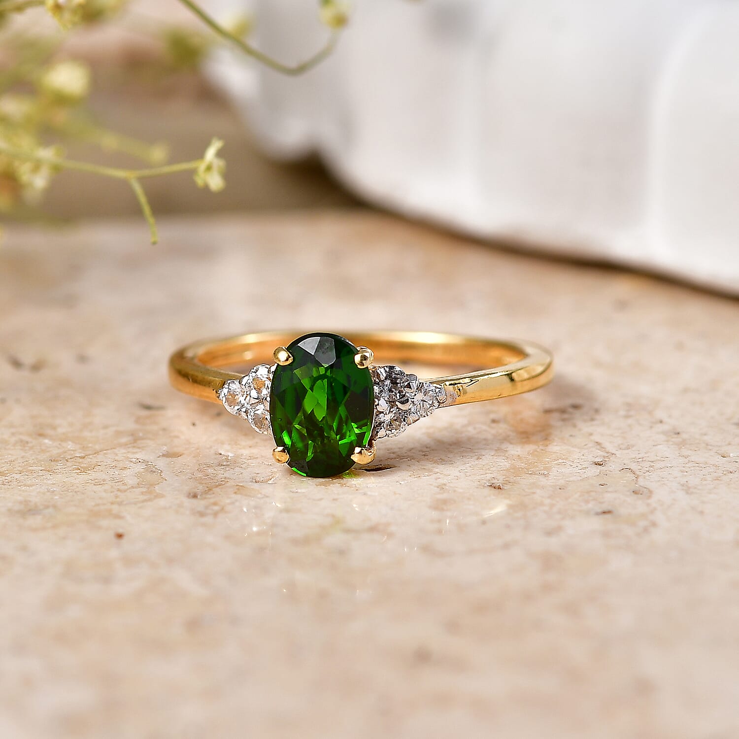 D'Joy - Natural Chrome Diopside & White Zircon Ring in Yellow Gold Plated Sterling Silver 1.00 Ct.