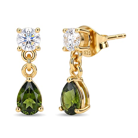 D'Joy - Natural Chrome Diopside & Moissanite Dangling Earring with Push Post in Yellow Gold Plated Sterling Silver 1.36 Ct.