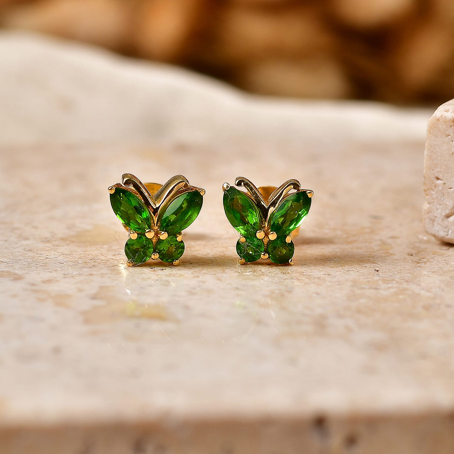 D'Joy - Natural Chrome Diopside Butterfly Earring with Push Post in Yellow Gold Plated Sterling Silver 1.00 Ct.