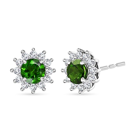 D'Joy - Natural Chrome Diopside & White Zircon Halo Earring with Push Post in Platinum Overlay Sterling Silver 1.10 Ct.